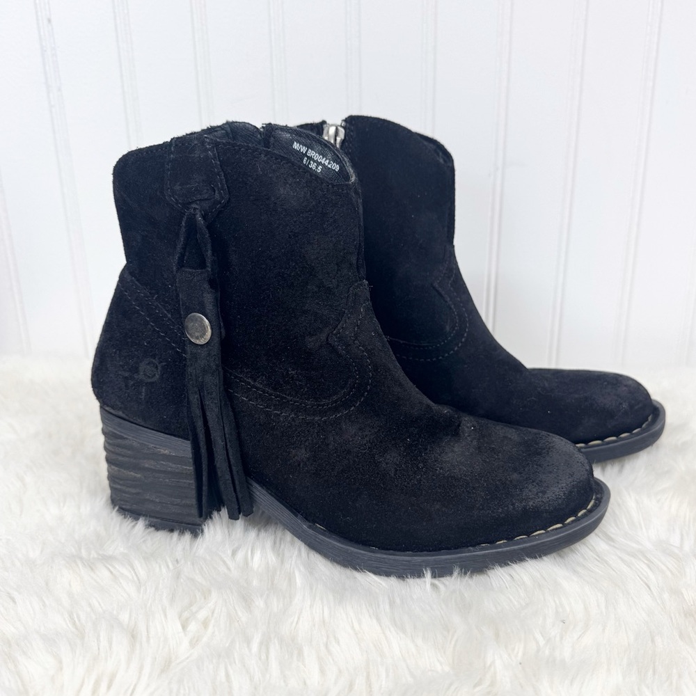 New BORN Alondra Black Suede Ankle Boot Bootie Size 6 Chunky Heel Western Biker